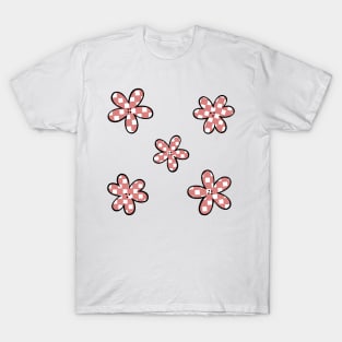 Abstract Checkerboard Flowers - Coral Pink with black outline T-Shirt